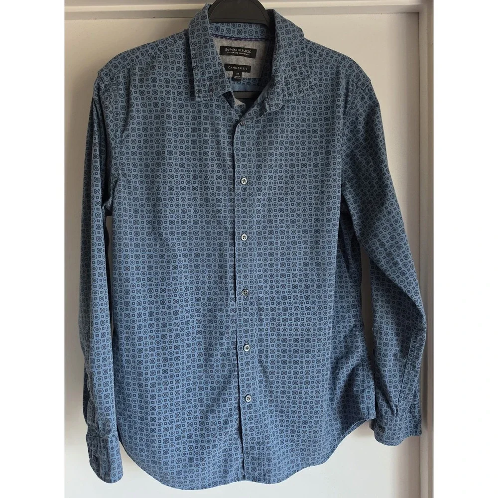Banana Republic Men's M Blue Geometric Cotton Long Sleeve Button-Up Shirt Top